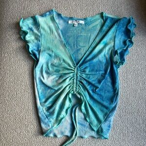 ANISTAR Cinch Drawstring Crop Top Blue Tye Dye V neck